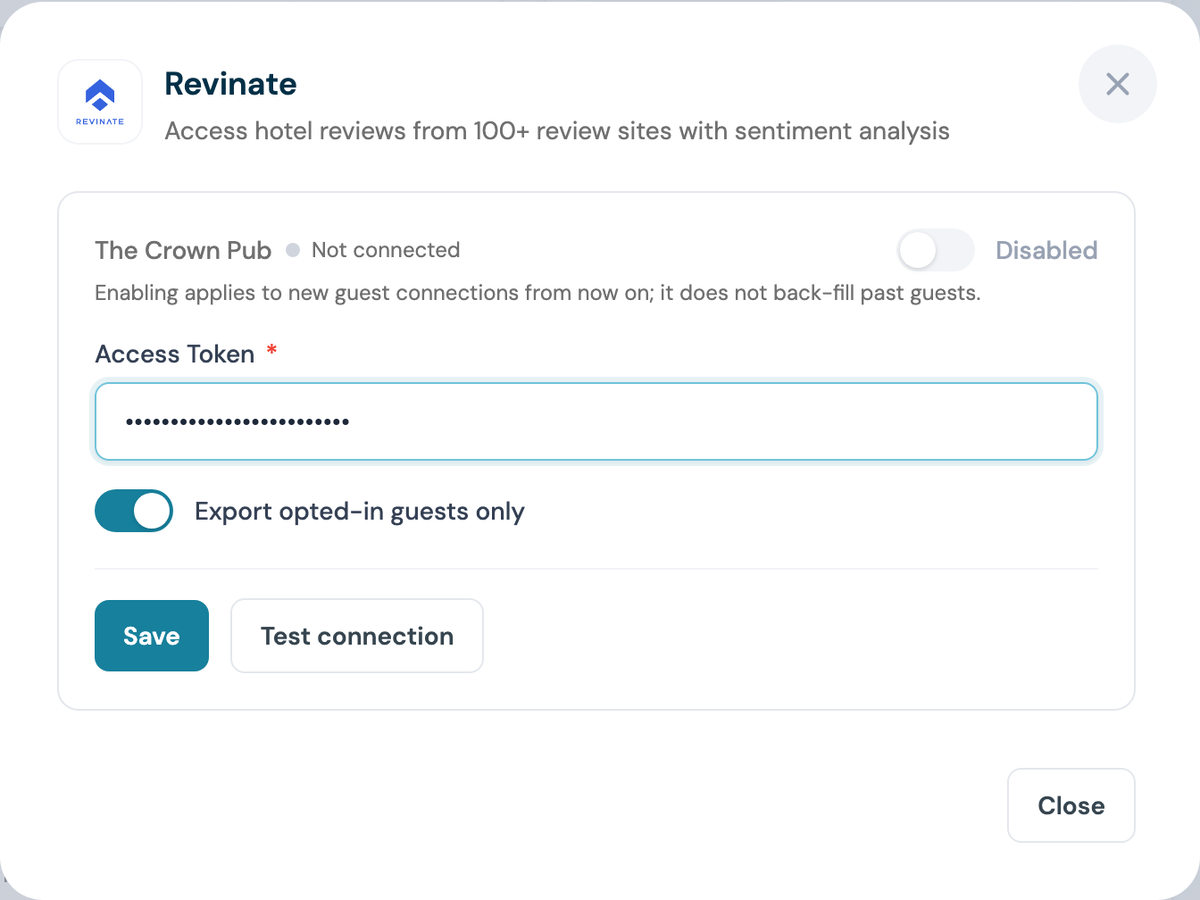 CaptiFi Revinate configuration panel with an access token entered
