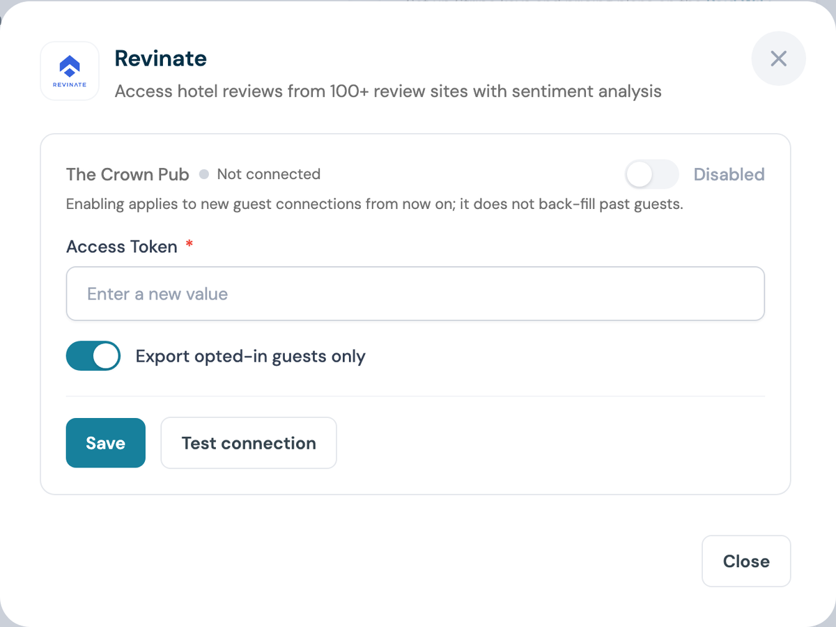 CaptiFi Revinate configuration panel with the Access Token field and the export opted-in guests only toggle