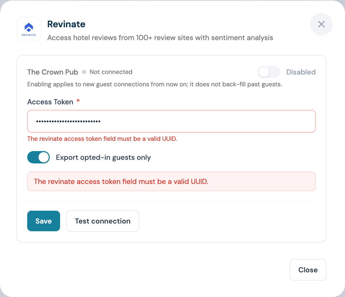 CaptiFi Revinate panel after saving, showing the token saved confirmation