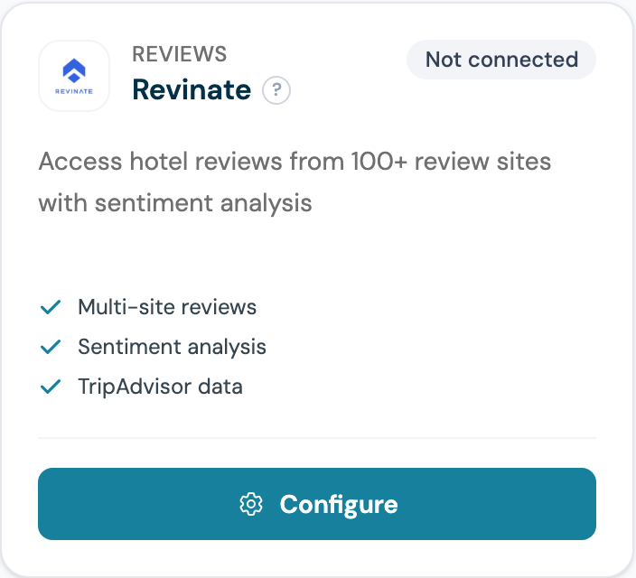CaptiFi Integrations page Revinate card showing Not connected and the Configure button