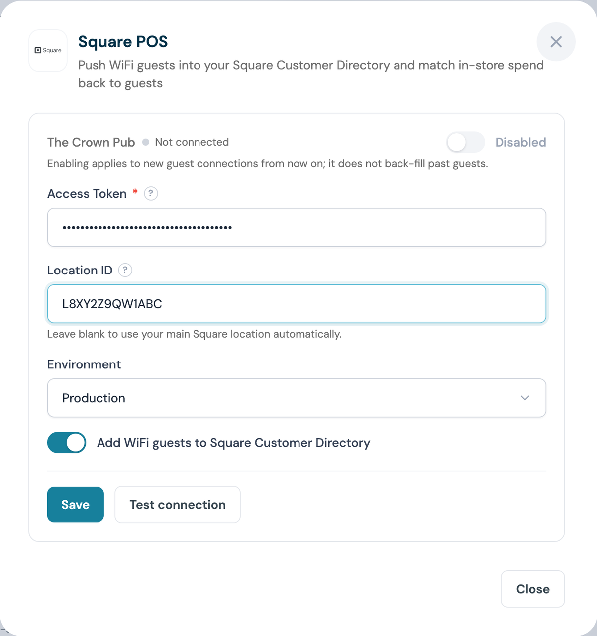 CaptiFi Square POS configuration panel with an access token and Location ID entered