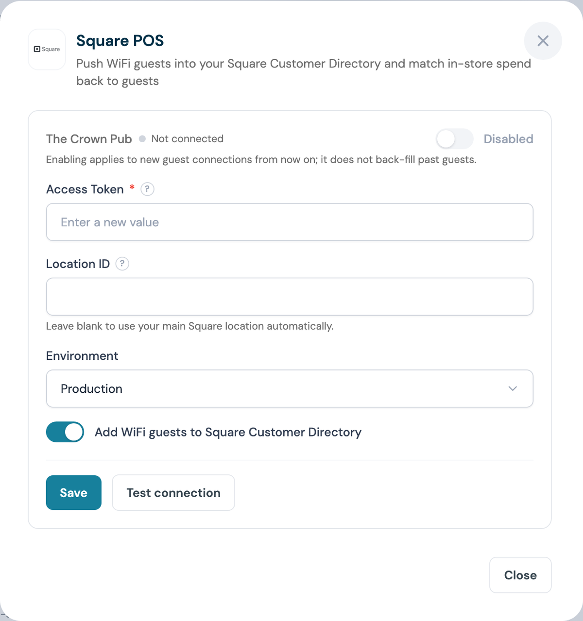 CaptiFi Square POS configuration panel with the Access Token, Location ID and Environment fields