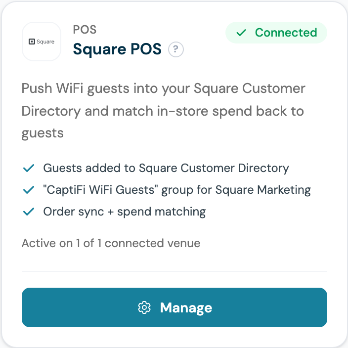 CaptiFi Integrations page Square POS card showing Connected and active on one venue