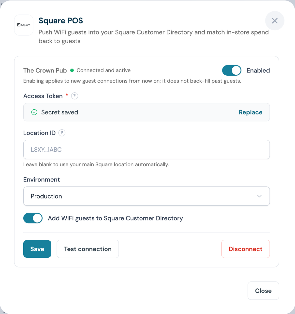 CaptiFi Square POS integration enabled for the venue