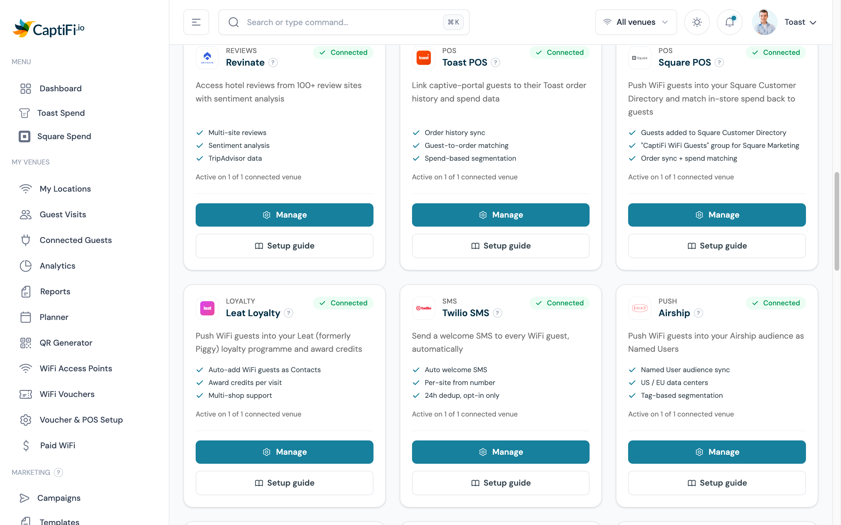 The CaptiFi Integrations provider cards including Toast POS, Square POS, Leat Loyalty, Twilio SMS and Airship, each with a Manage button