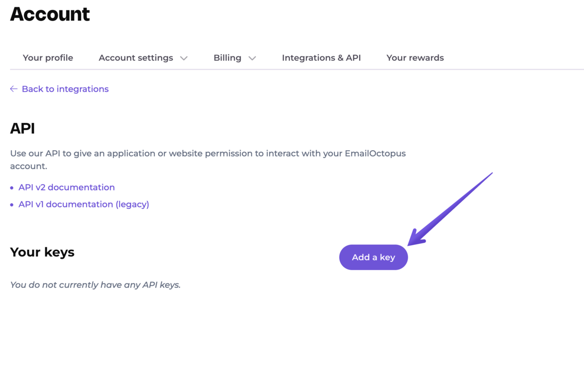 EmailOctopus Account API page with the Add a key button highlighted