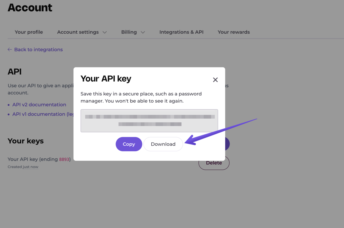 EmailOctopus showing the new API key once with a download option