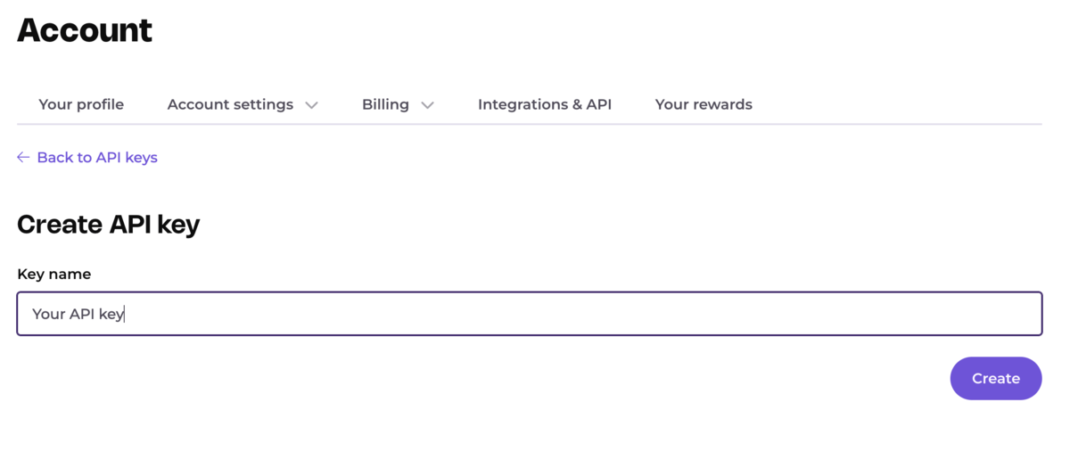 EmailOctopus create API key screen with the key name field and Create button