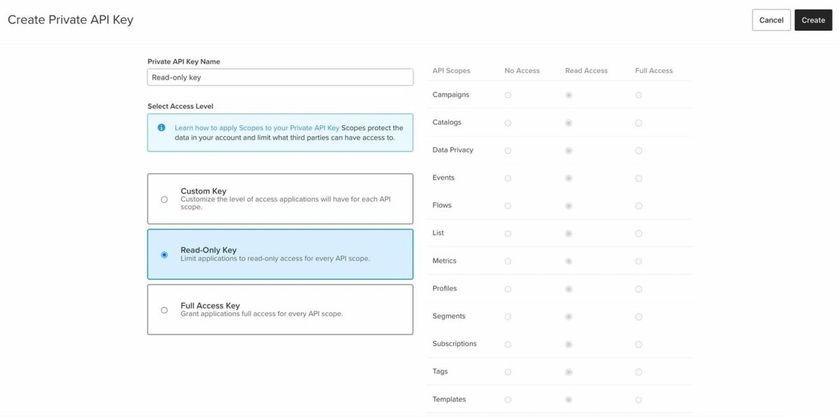 Klaviyo create private API key screen with the key name field and the Full Access Key access level selected