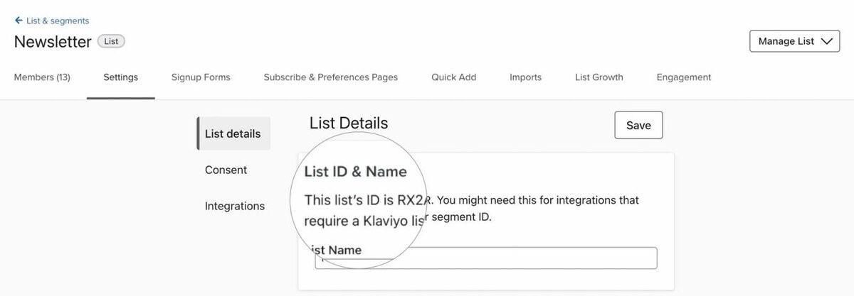 Klaviyo List details panel showing the list ID and name