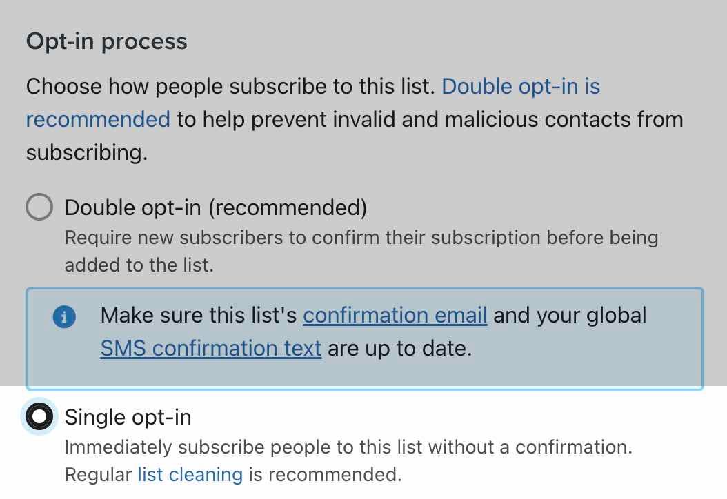 Klaviyo list consent settings with the single and double opt-in options