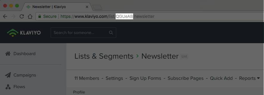 Klaviyo Lists and segments with a list open, ready to read its ID