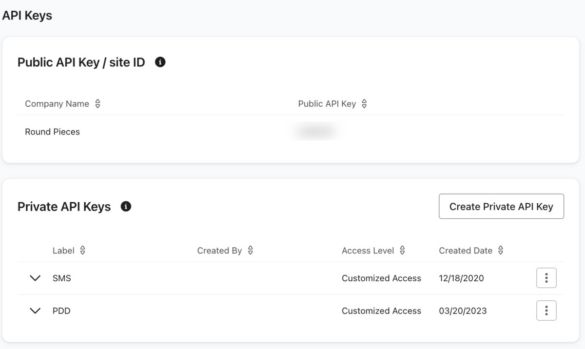 Klaviyo Settings API keys page showing the Private API Keys panel and the Create Private API Key button