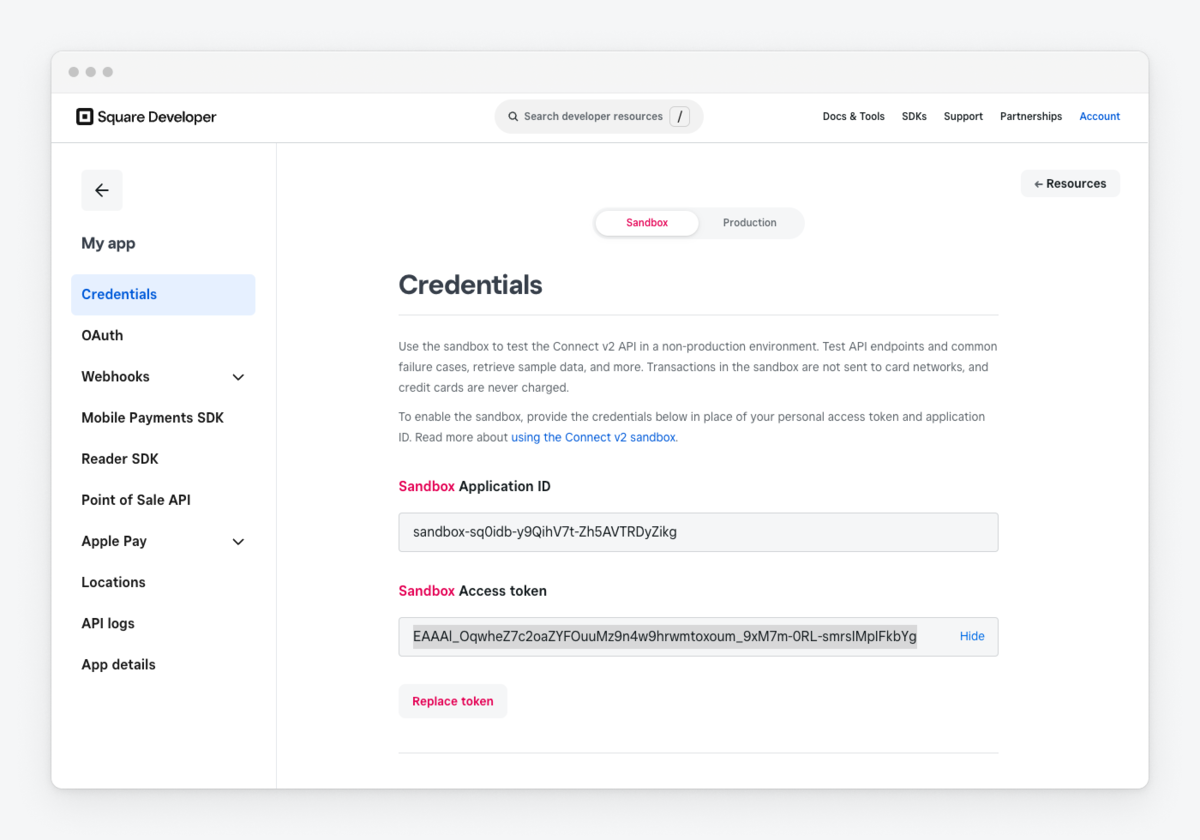 Square Developer Console credentials page showing the Application ID and Access token fields