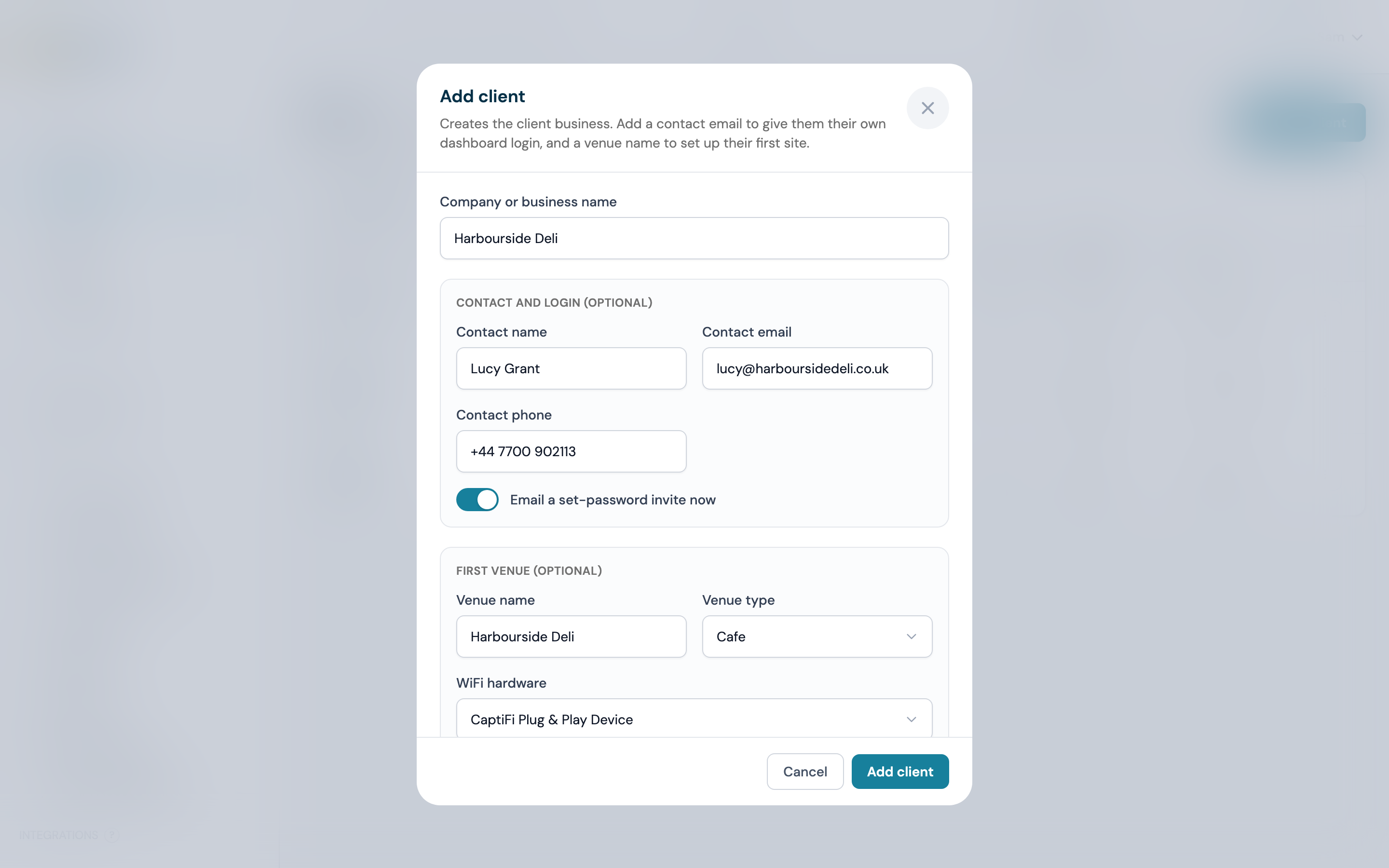 The Add client form with company name, contact and login details, the set-password invite toggle, and the first venue fields