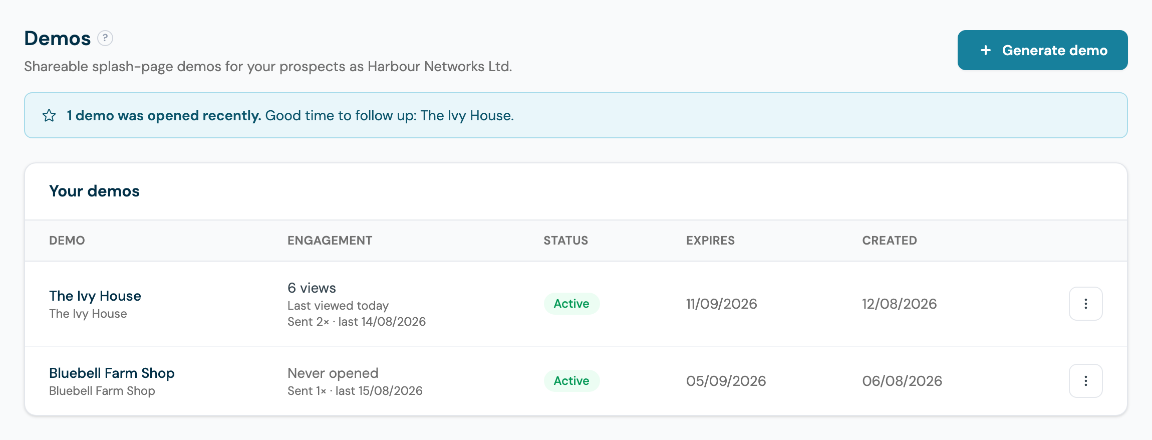 The partner Demos page with a follow-up banner for a recently opened demo and the demo list showing engagement, status and expiry