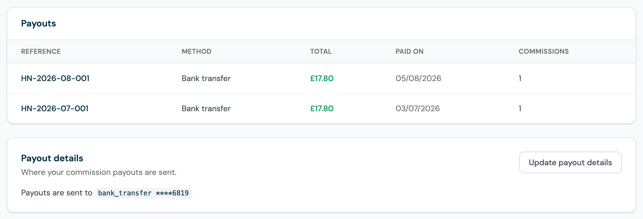 The Payouts section of the Earnings page: payout history with references, methods and totals, and the payout details panel showing the masked account on file