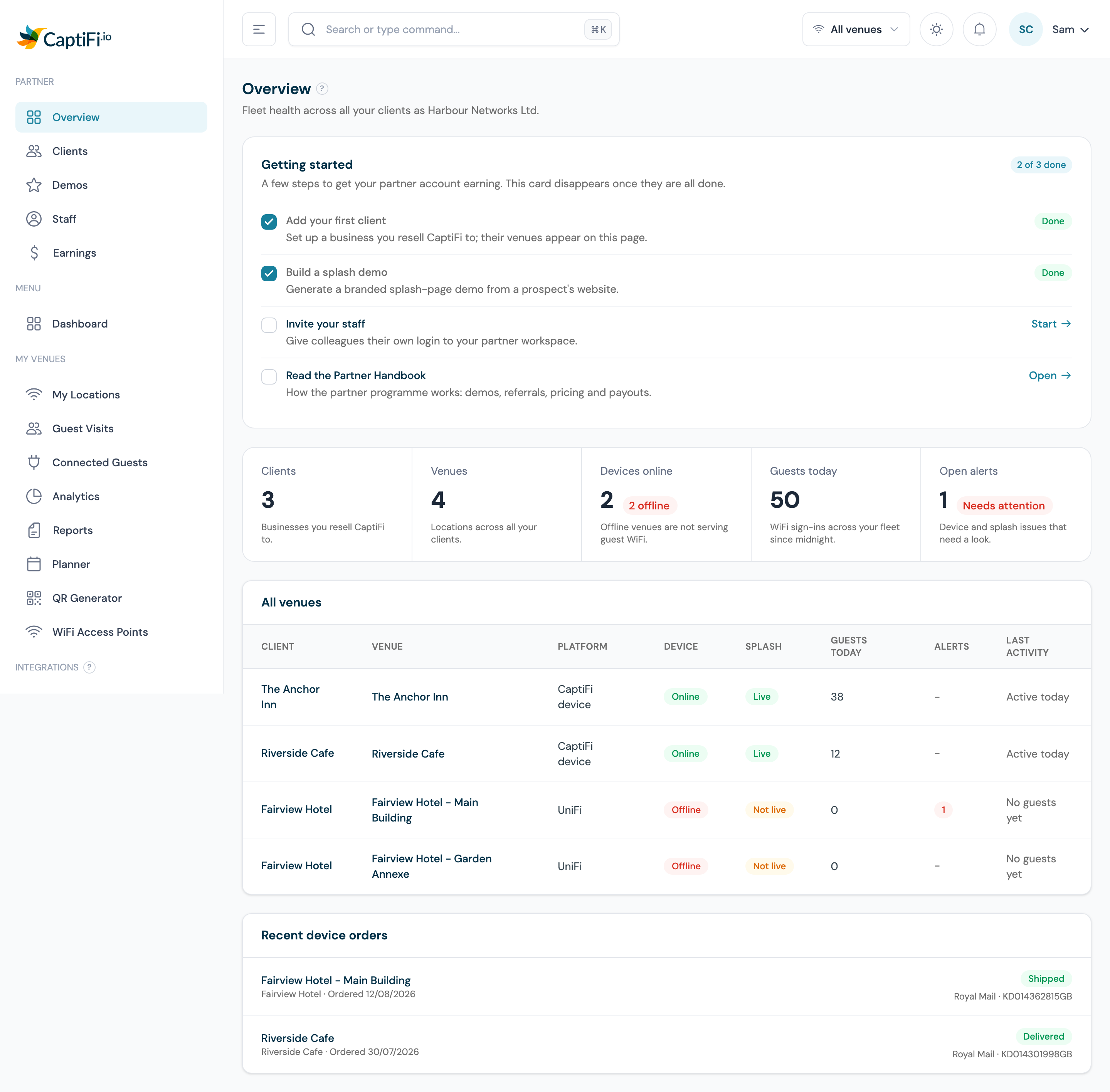 The partner fleet Overview page with the getting started checklist, fleet totals, the all-venues health table and recent device orders