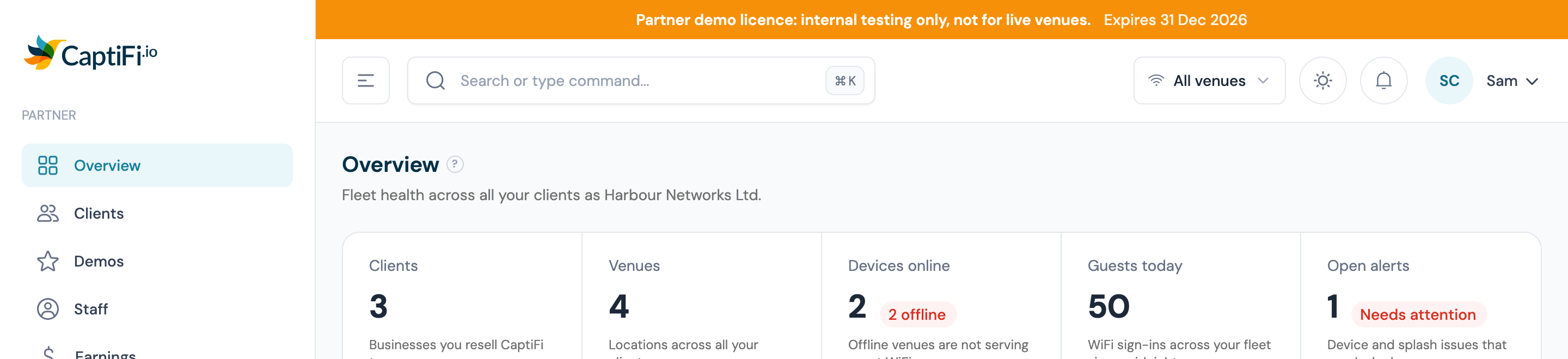 The partner demo licence banner across the top of the dashboard, showing internal testing only and the expiry date