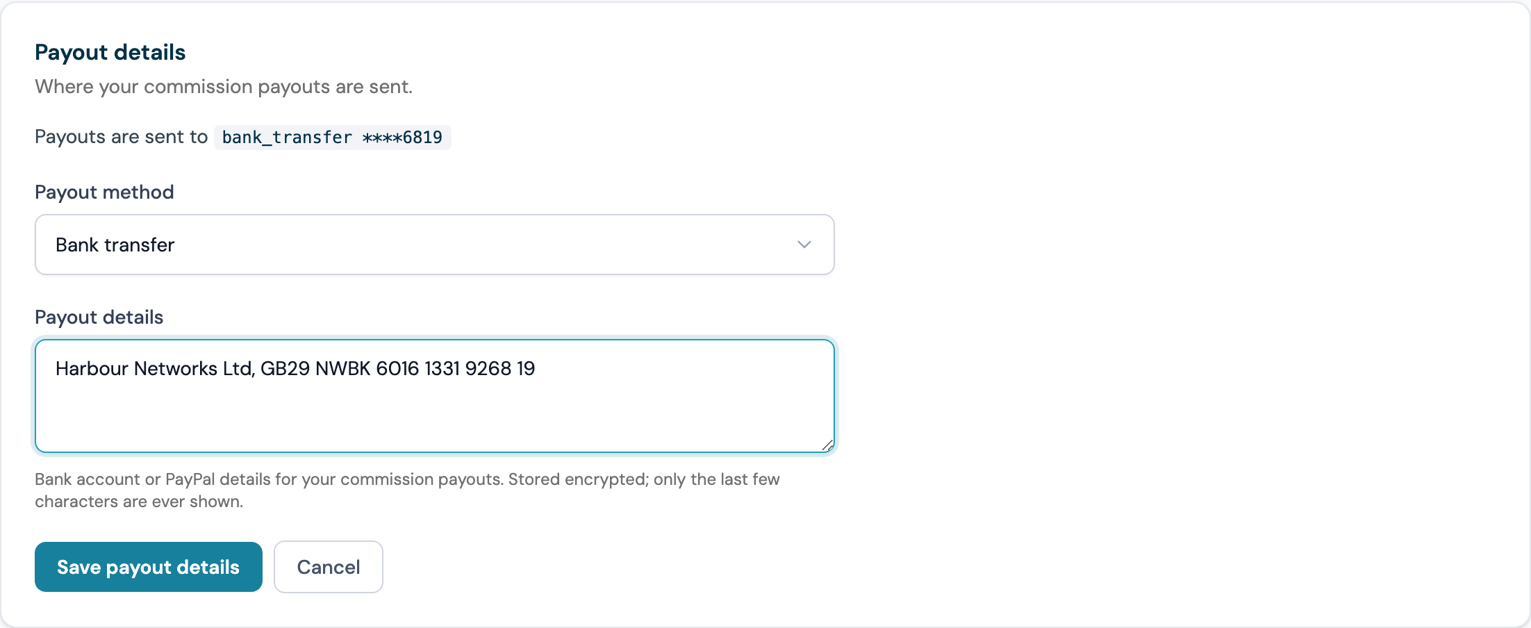 The payout details form with a payout method dropdown and a details field, above the save button