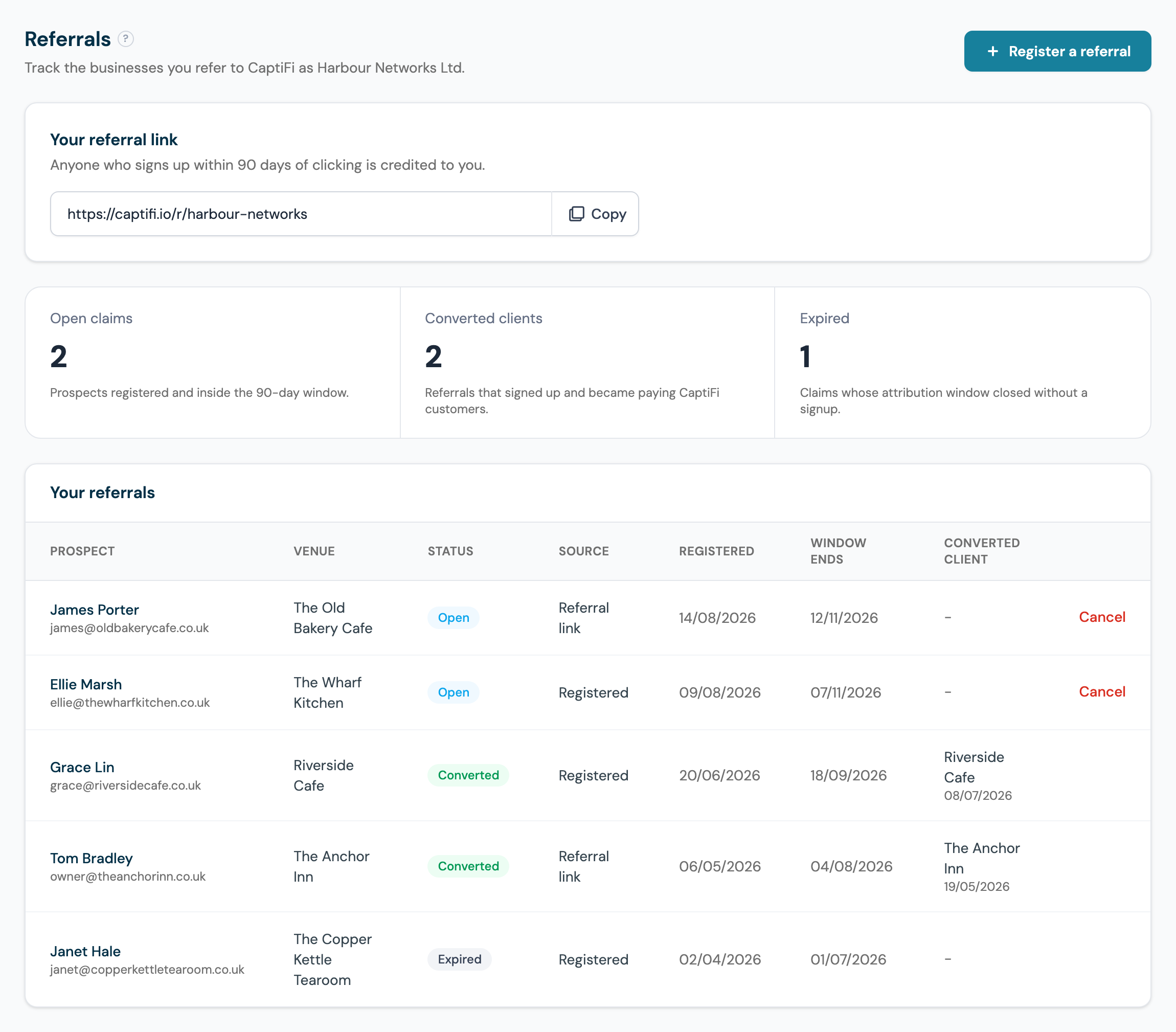 The partner Referrals page showing the referral link, the open, converted and expired claim counters, and the referral table with statuses and windows