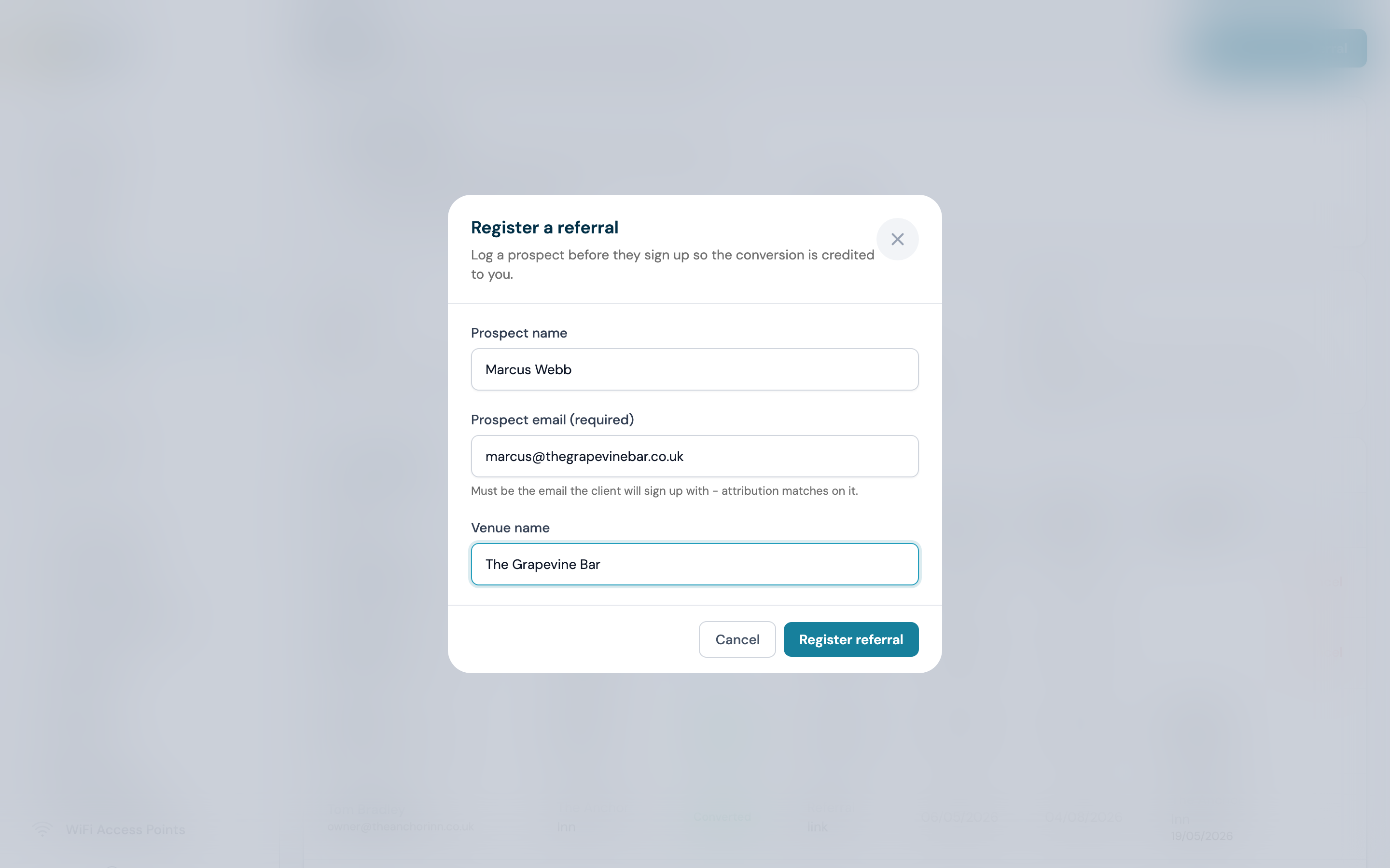 The Register a referral form with prospect name, prospect email and venue name fields