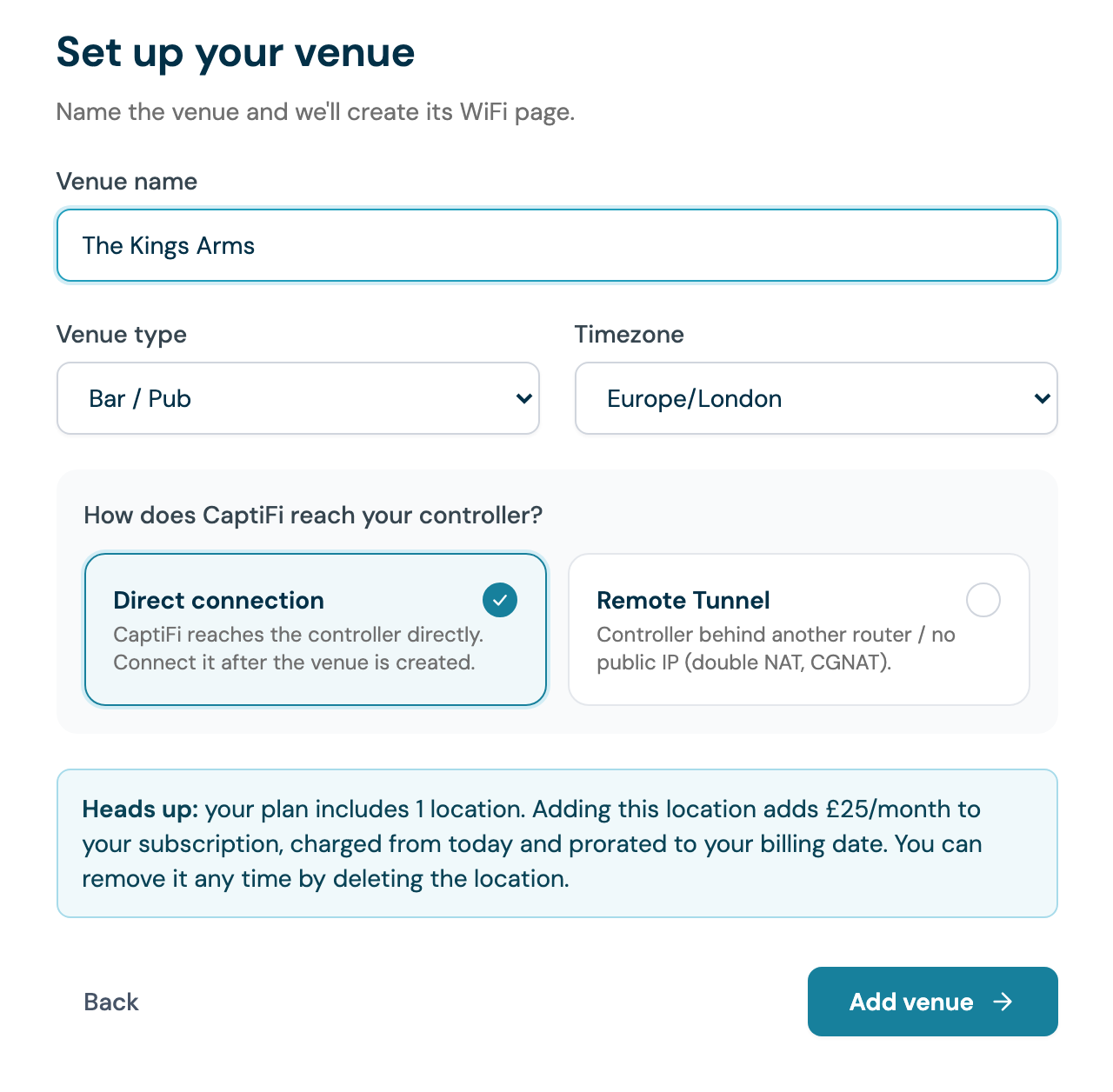 The Add a venue wizard asking how CaptiFi reaches your controller, with Direct connection and Remote Tunnel options