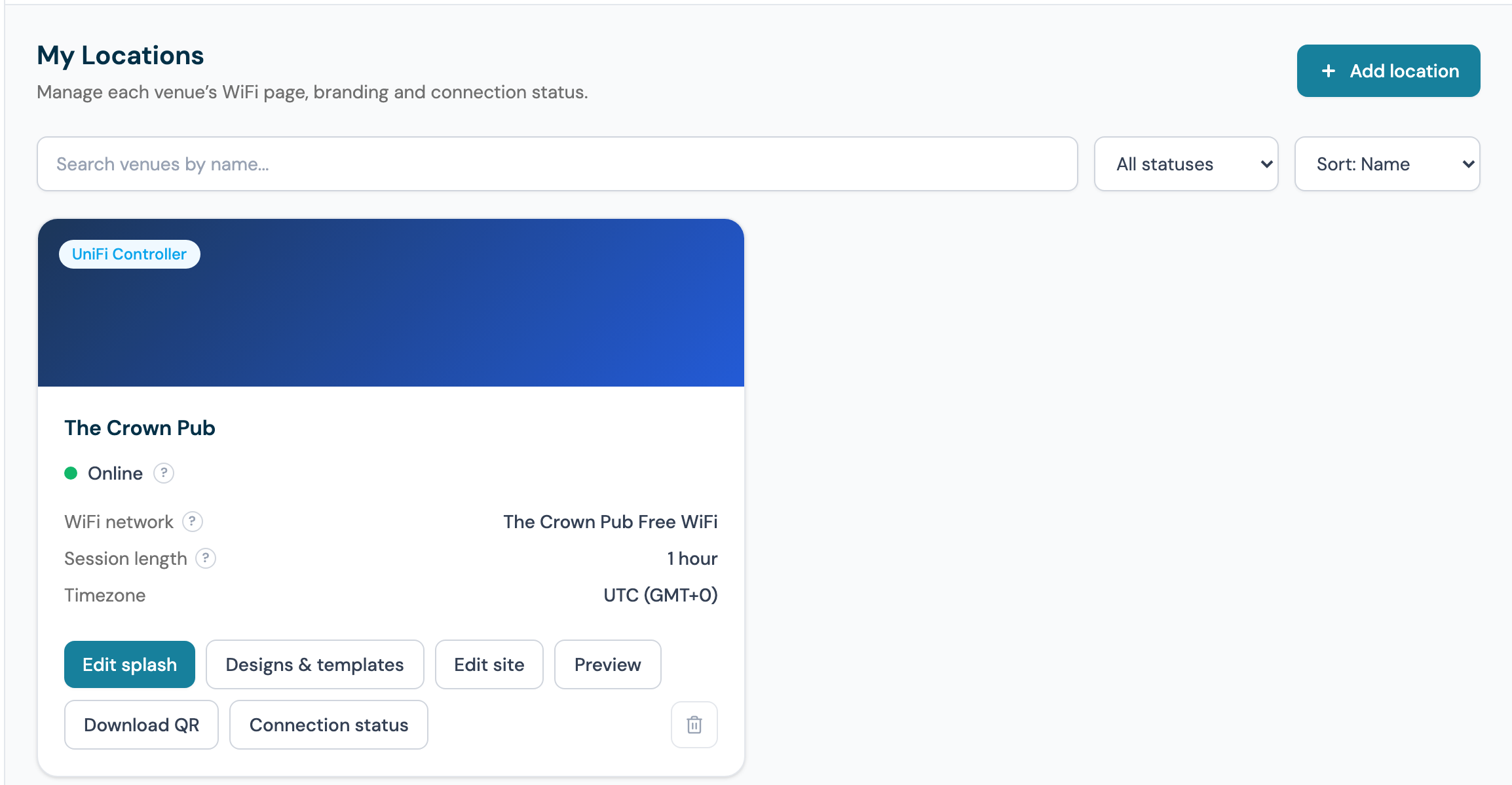 The My Locations page on my.captifi.io with a UniFi venue card and the Add location button