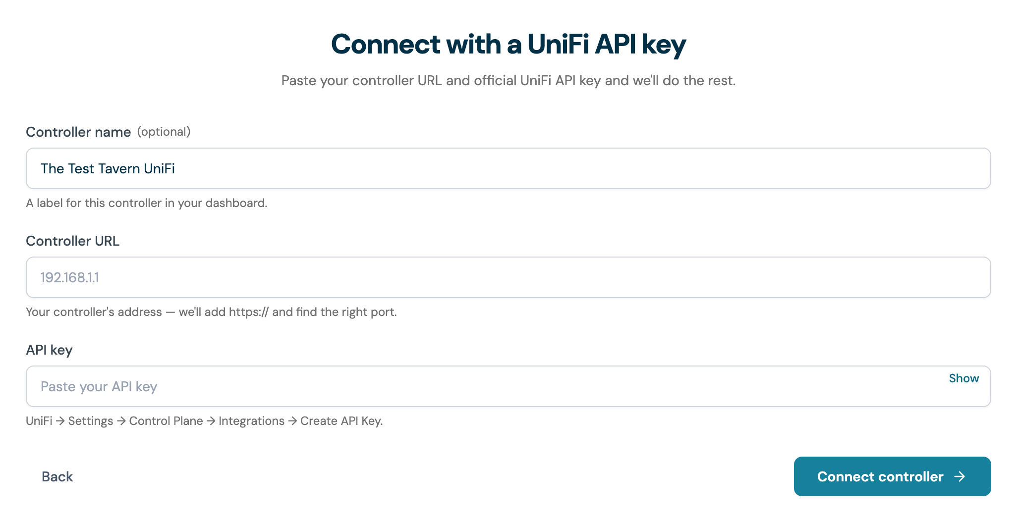 The CaptiFi onboarding step "Connect with a UniFi API key" with the controller name, controller URL and API key fields