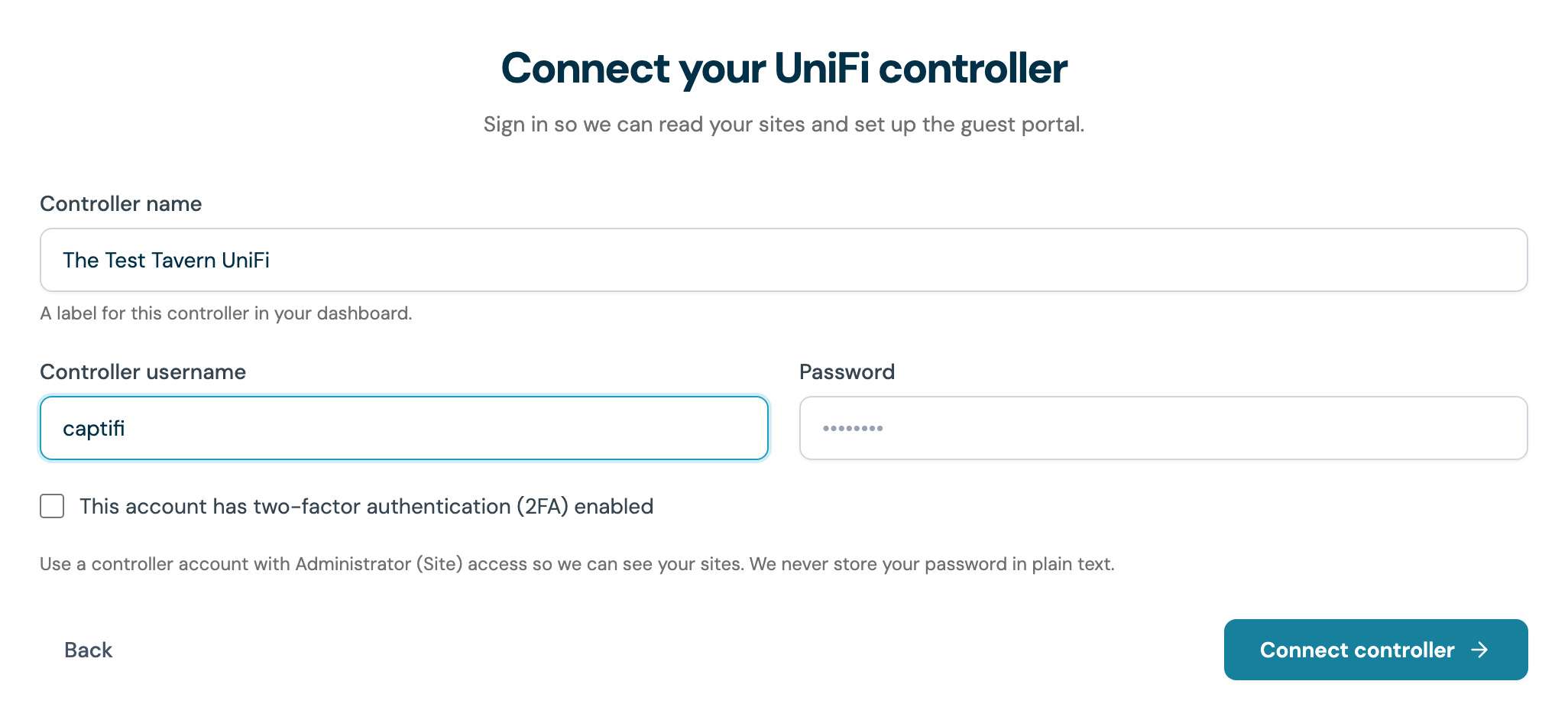 The CaptiFi onboarding step "Connect your UniFi controller" with controller name, username, password and the two-factor checkbox