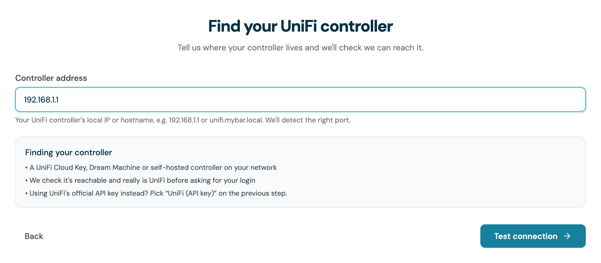 The CaptiFi onboarding step "Find your UniFi controller" with the controller address field and Test connection button