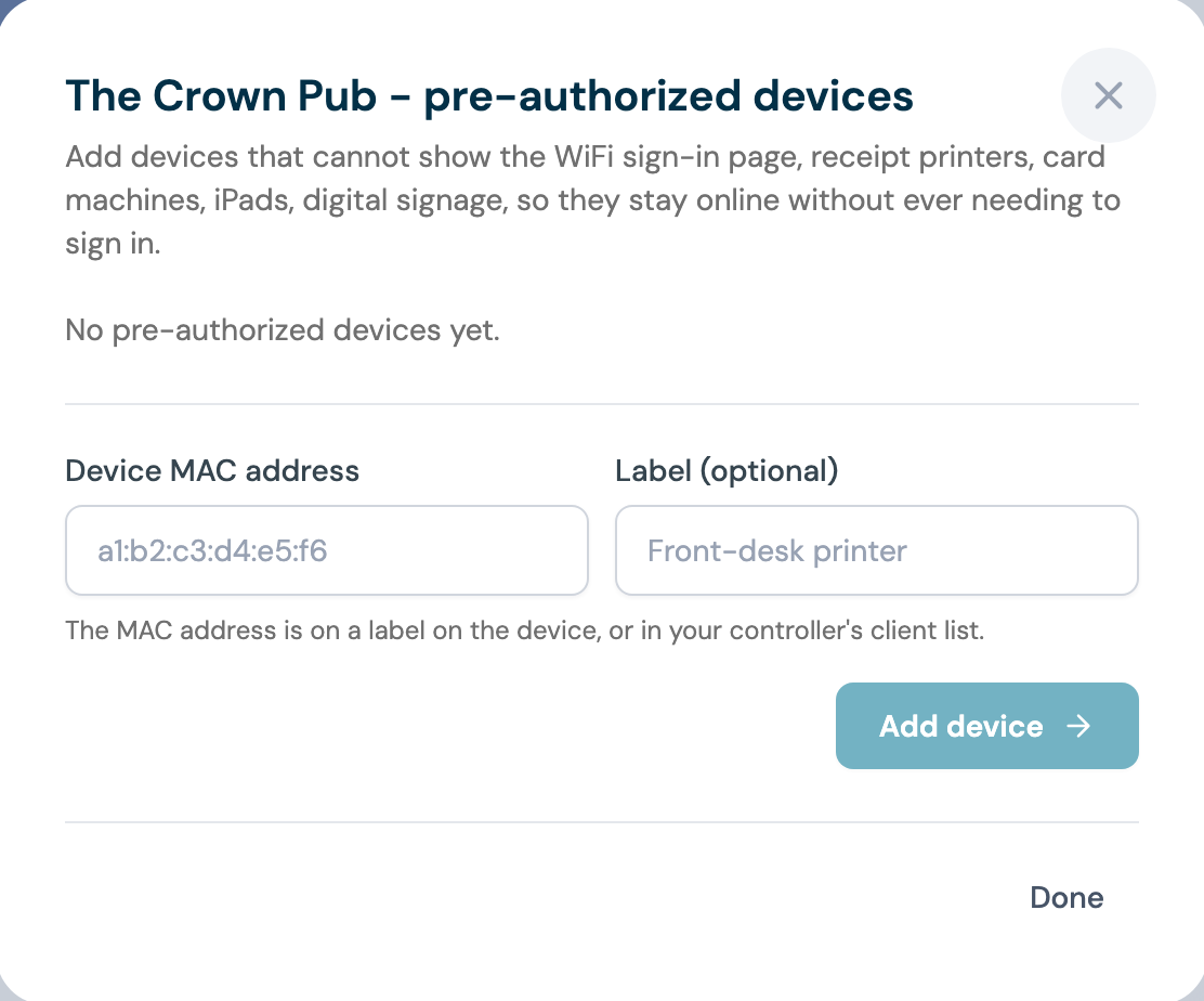 The CaptiFi pre-authorized devices panel with the device MAC address and label fields and an Add device button