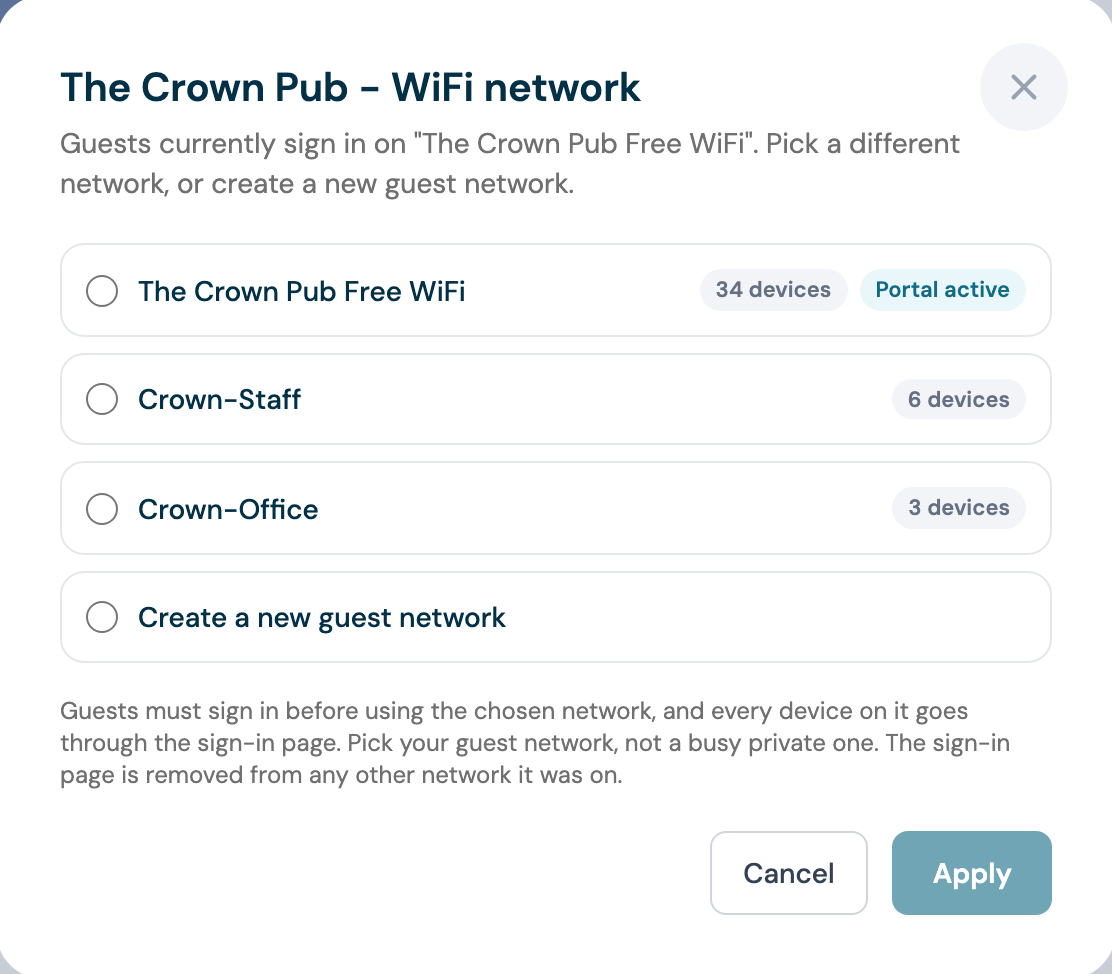 The CaptiFi WiFi network picker listing three networks with connected device counts and a Portal active badge, plus a Create a new guest network option