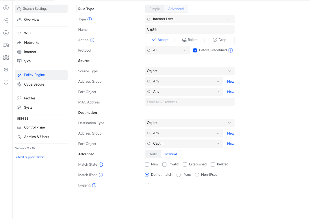A UniFi UDM SE firewall rule in the Policy Engine, rule type Advanced, Internet Local, named Captifi, action Accept, with the destination port object set to the Captifi port group
